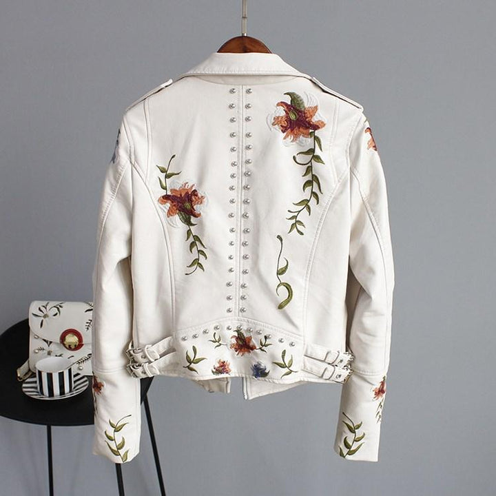 Jordia - Women's Leather Jacket With Floral Accents