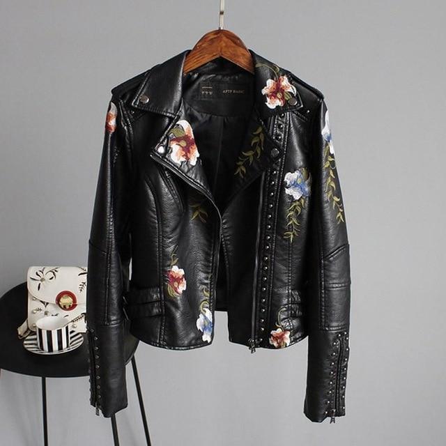 Jordia - Women's Leather Jacket With Floral Accents
